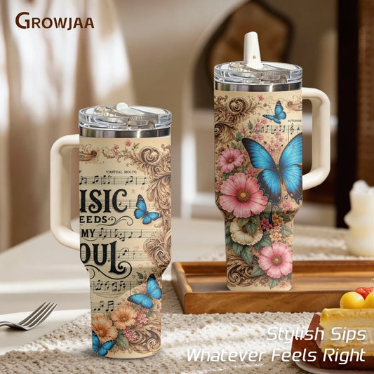 Music Feeds Soul Flowers Vacuum Flasks 40oz 3rd Gen Vacuum Insulated Stainless Steel Tumbler Cup with Handle Straw Lid for Gifts