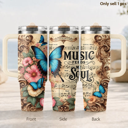 Music Feeds Soul Flowers Vacuum Flasks 40oz 3rd Gen Vacuum Insulated Stainless Steel Tumbler Cup with Handle Straw Lid for Gifts