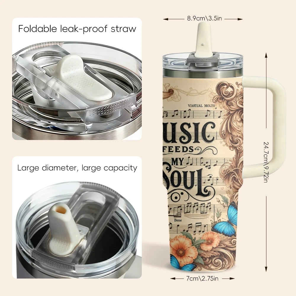 Music Feeds Soul Flowers Vacuum Flasks 40oz 3rd Gen Vacuum Insulated Stainless Steel Tumbler Cup with Handle Straw Lid for Gifts