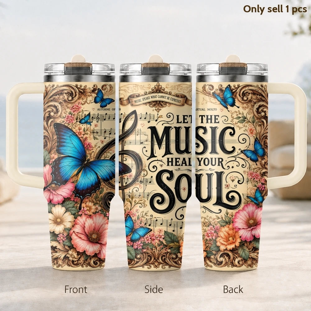 Music Feeds Soul Flowers Vacuum Flasks 40oz 3rd Gen Vacuum Insulated Stainless Steel Tumbler Cup with Handle Straw Lid for Gifts