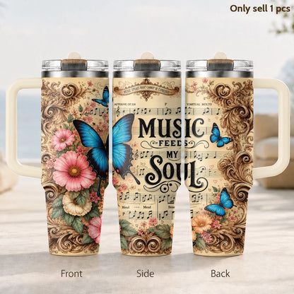 Music Feeds Soul Flowers Vacuum Flasks 40oz 3rd Gen Vacuum Insulated Stainless Steel Tumbler Cup with Handle Straw Lid for Gifts