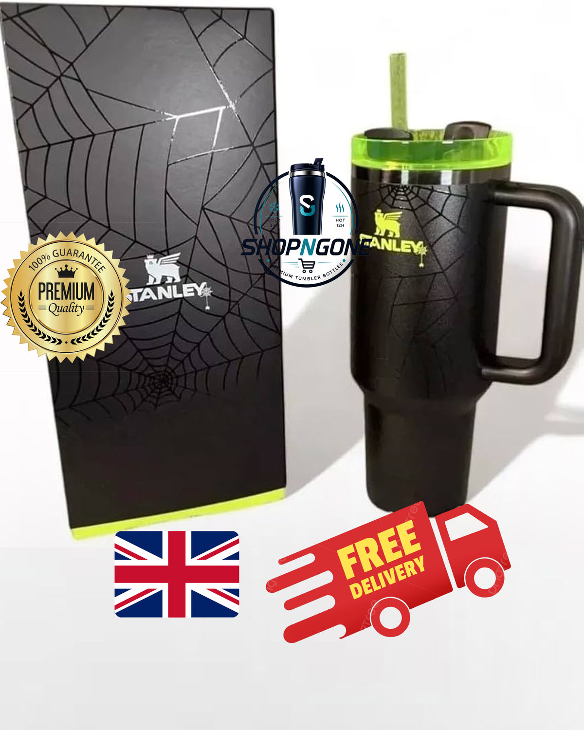 New Stanley Olivia Black spider web Halloween Large Capacity 40 Ounce Stainless Steel Vacuum Flask - Insulated Cup with Straw